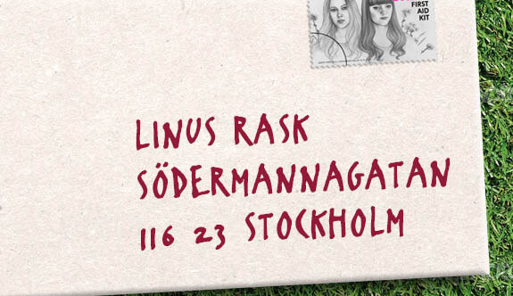 Brev med texten: LINUS RASK, SÖDERMANNAGATAN, 116 23 STOCKHOLM