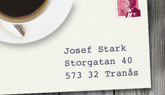 Brev med texten: Josef Stark, Storgatan 4, 573 32 Tranås