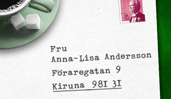 Brev med texten: Fru, Anna-Lisa Andersson, Föraregatan 9, Kiruna 981 31