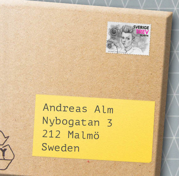Brev med texten: Andreas Alm, Nybogatan 3, 212 Malmö, SWEDEN
