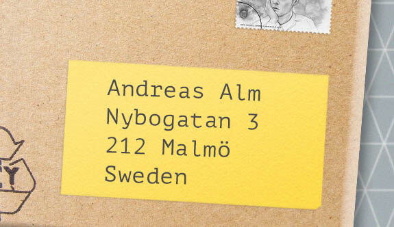Brev med texten: Andreas Alm, Nybogatan 3, 212 Malmö, SWEDEN