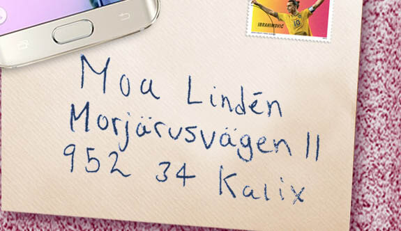 Brev med texten: Moa Lindén, Morjärvsvägen 11, 952 34 Kalix