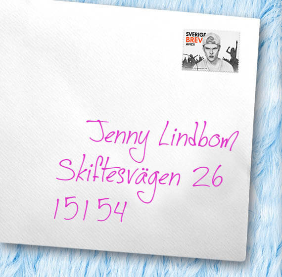 Brev med texten: Jenny Lindbom, Skiftesvägen 26, 151 54