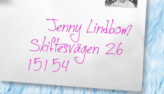 Brev med texten: Jenny Lindbom, Skiftesvägen 26, 151 54