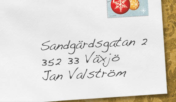 Brev med texten: Sandgärdsgatan 2, 352 33 Växjö, Jan Valström