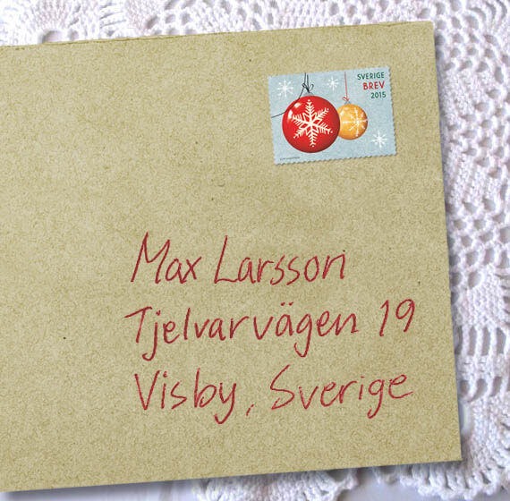Brev med texten: Max Larsson, Tjelvarvägen 19, Visby, Sverige